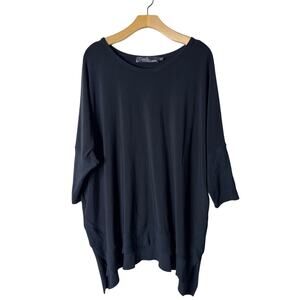 Sympli 16 Black Matte Jersey and Knit Dolman 3/4 Sleeve Asymmetric Tunic Top